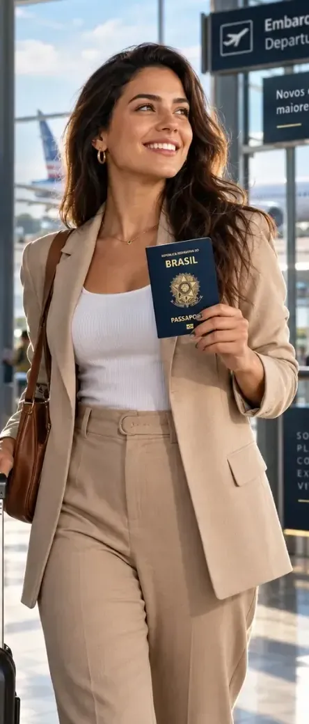 Viajante com passaporte brasileiro no aeroporto